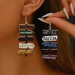 Halloween Directional Sign Earrings - Sleepy Hollow, Elm St, Camp Crystal Lake